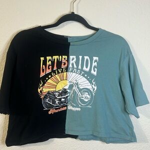 Organic Generation Lets Ride Biker Black and Blue Graphic Crop Top Tee XL Moto